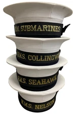Royal Navy Issue RN Sailor Pork Pie Hat Class II Cap Various HMS Tally Ribbons