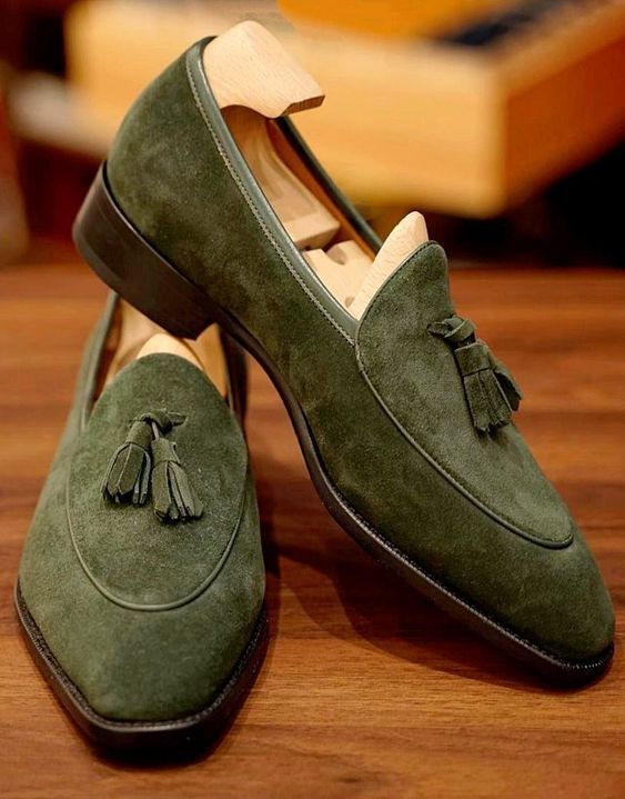 Handmade men hunter green slip on dress shoes, men suede leather formal  moccasin
