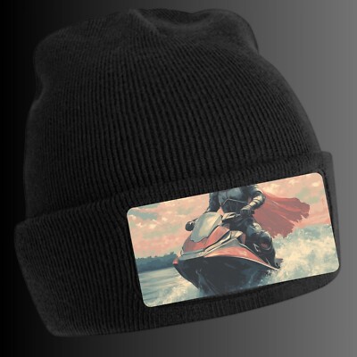 Black Beanie Hat with Cool Knight Jetski Motif - Unisex Cap, Cotton