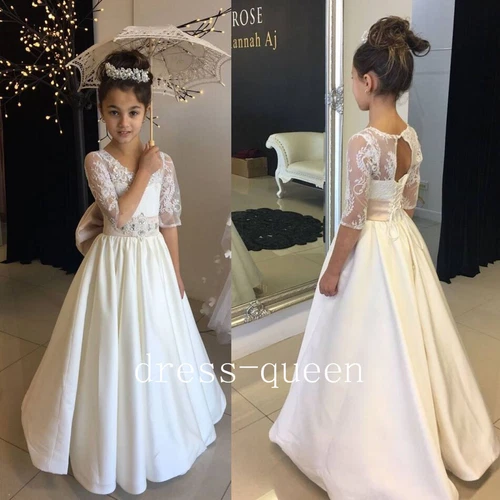 Girls Pageant Dress Lace Satin A-Line Long Flower Girl Dresses With Bow Crystals - Picture 2 of 8