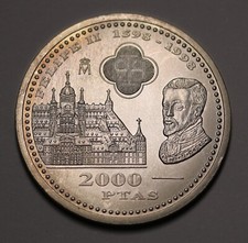 1998 Spain 2000 Pesetas Silver BU Coin Philip II and Escorial KM# 987
