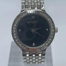 Gruen Womens Watch Gem Set Bezel 30mm Case Black Dial Quartz Three Hands