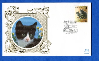 ENVELOPPE PREMIER JOUR CHATS ILE JERSEY 1994 CAT WORLD MAGAZINE - Photo 1/2