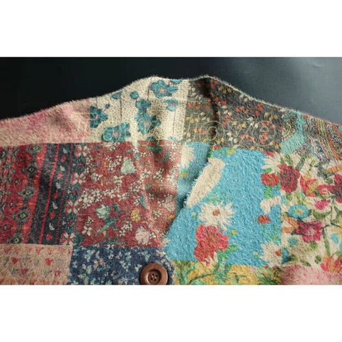 Damen-Cardigan Pastoral-Stil V-Ausschnitt Blumen Patchwork Retro Strickwaren Pullover - Bild 7 von 17