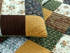 NEW COZY REAL PATCHWORK GREEN BLUE GREY TAN YELLOW LOG CABIN LODGE QUILT SET