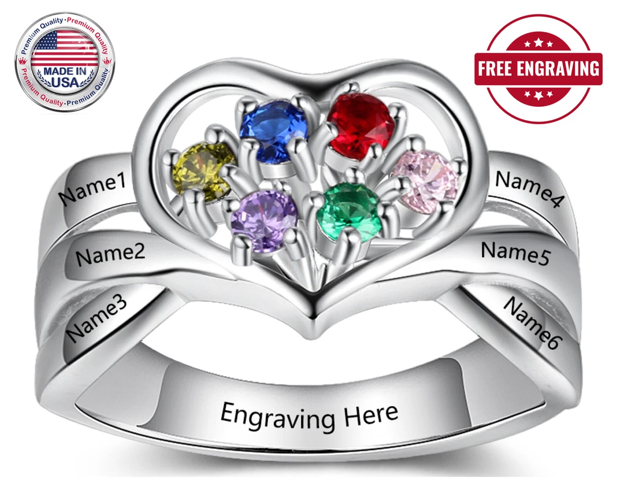 Custom Six Birthstone Engraved Name Ring Sterling Silver Mother Jewelry Mom Gift