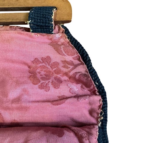 Vtg Floral Needlepoint Hand-Sewn Handbag Wooden Handle Pink Satin Lining READ - Picture 5 of 14