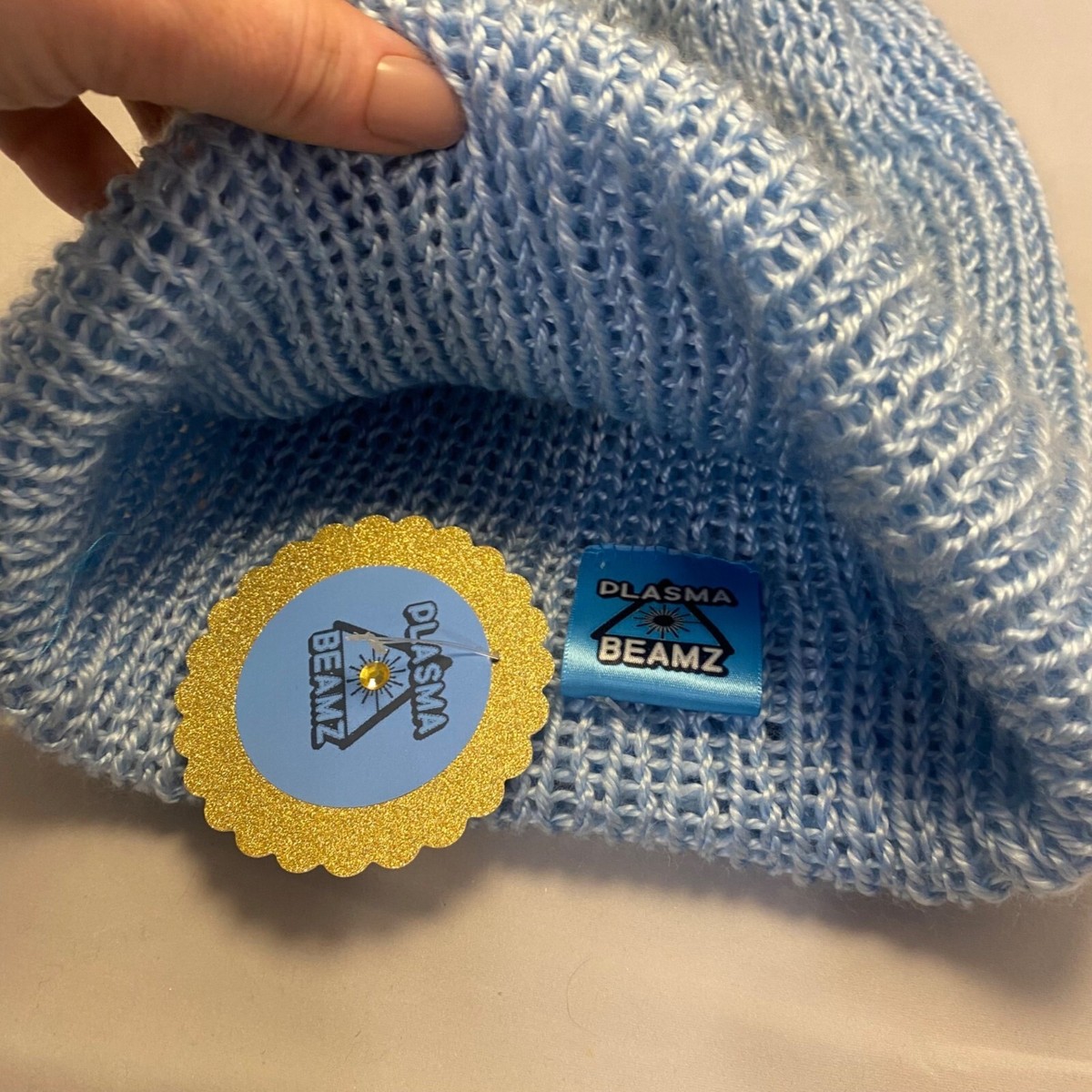 Plasma Beamz Hand-Knitted Metallic Blue Head in the Clouds Beanie Plasma Beamz Handmade Baby Blue Skull Knit Beanie | eBay main image 2