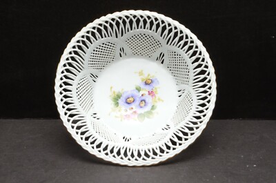 MOGA Romanian Pottery Basket Bowl Hand Painted w Gold open work pierced dish.