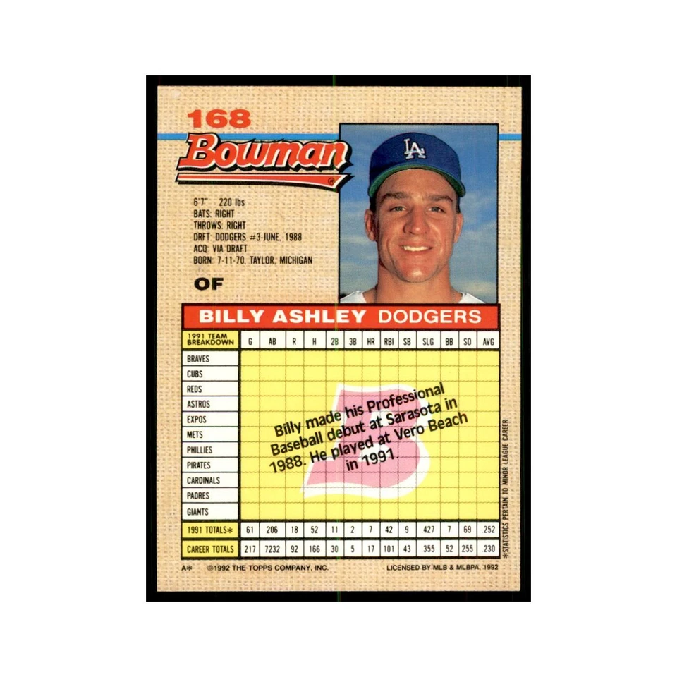 1992 Bowman Billy Ashley Baseball Cards #168 - Image 2 of 3