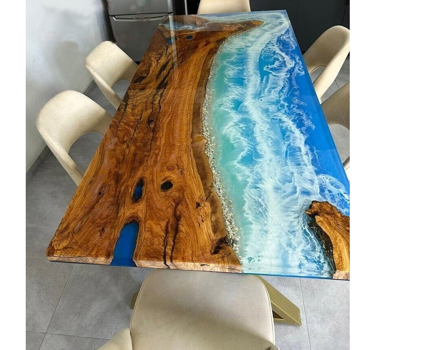 72-Inch Ocean Epoxy Resin Dining Table with Acacia Wood Slab Custom Made to Order