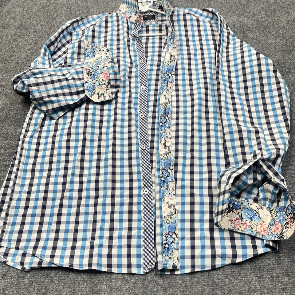 Coogi Shirt Mens XL Blue Black Flip Cuff Plaid Check Floral Button Up Colorful - Image 4 of 4
