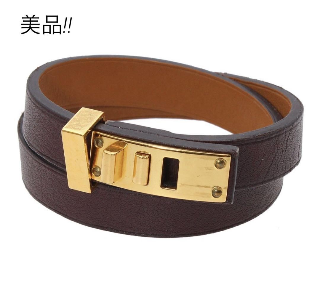 Hermes Mini Dog Dubletour Leather Bracelet Dark Brown Preowned No Box