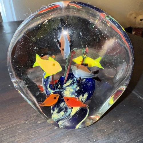 Murano Double Sided Fish Under the Sea Aquarium Paperweight Italy 1960's
