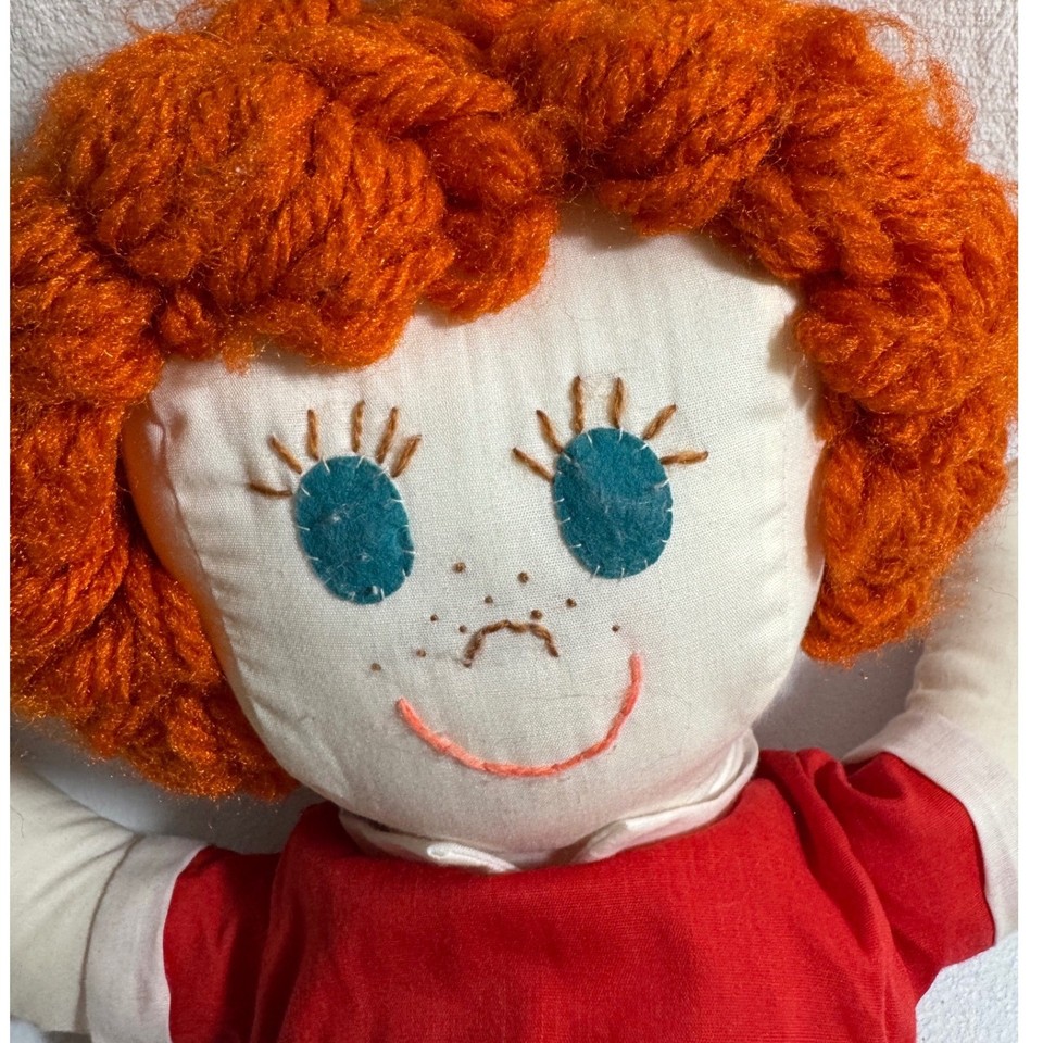 Vintage Rag Doll Red Dress Orange Yarn Hair Button Eyes Girl Toy | eBay