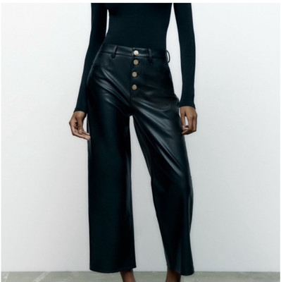 NWT ZARA Blogger Fave Faux Leather High Rise Ankle Wide Leg Black Pants XL