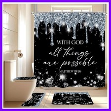 4 Pcs Black Silver Diamonds Shower Curtain Set with Rugs Toilet Lid Cover, ...