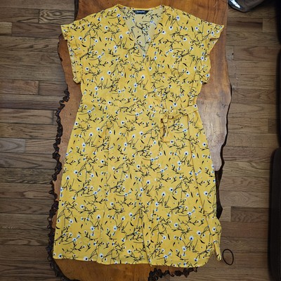 Allegra K Dress Sz LG Butter Yellow Wrap Dress W Flutter Sleeve Midi Polished 