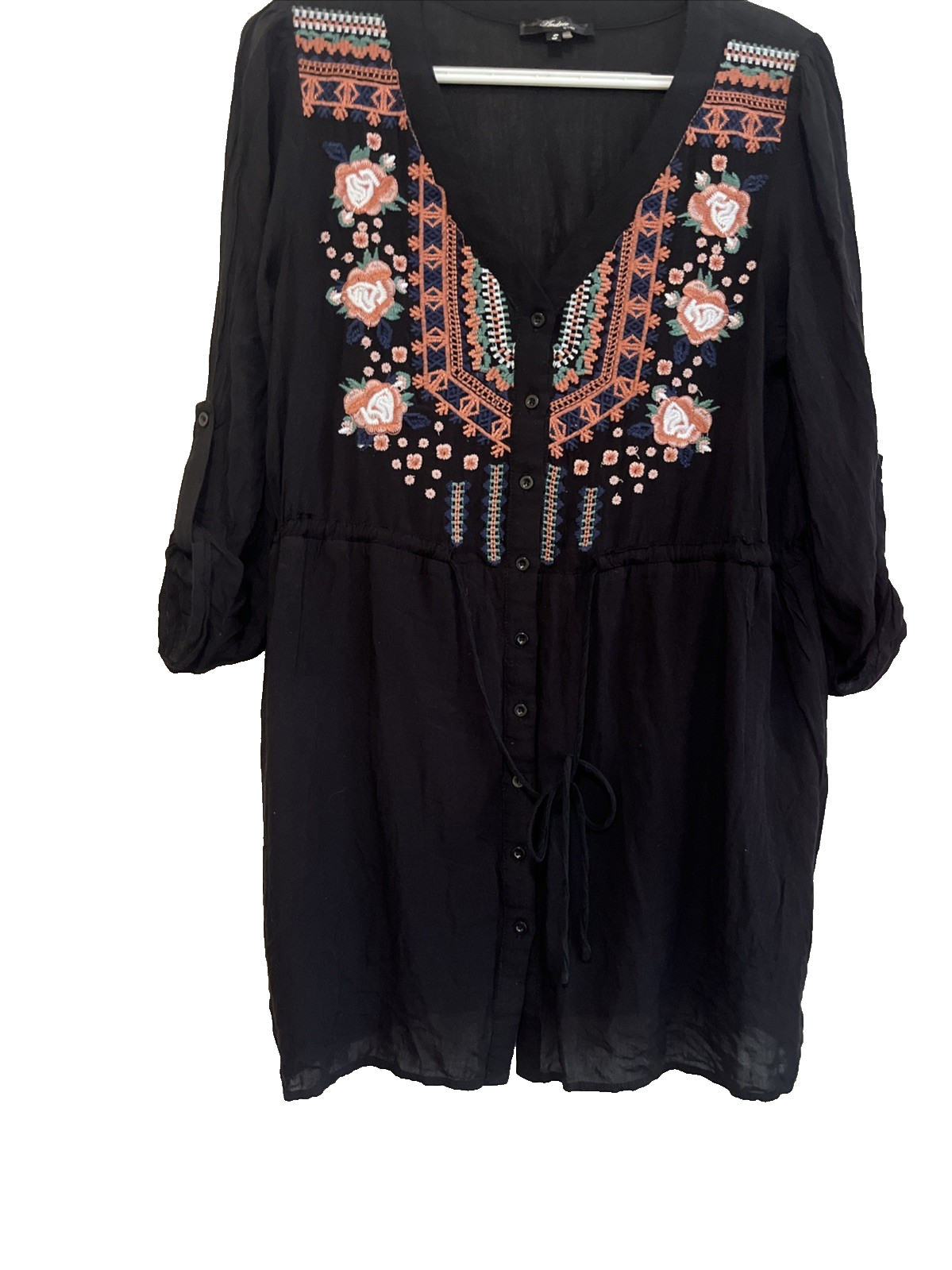 Andrée By Unit Floral Embroidered Tunic/dress.boho Hippie SZ M Ajustable waist