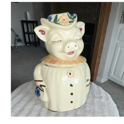 Vintage  Winnie  Shawnee Ceramic Pig Cookie Jar Floral Hat Handle 12 in