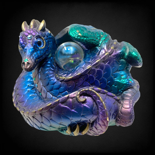 Vintage 1993 Windstone Peacock Coiled Dragon M. Peña Iridescent w/ Clear Orb
