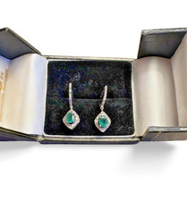 9ct White gold diamond and emerald drop earrings 2cm drop 7mm wide
