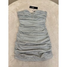 NWT Fashion Nova Dress Womens Size L Silver Metallic Ruched Strapless Mini NEW!