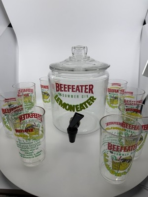 Beefeater Lemon Eater Summer Gin Glass Dispenser Jar 8 Plastic Cups Set 1990s