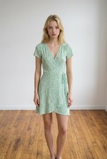 Altar'd State Green and White Floral Ribbed Mini Wrap Dress