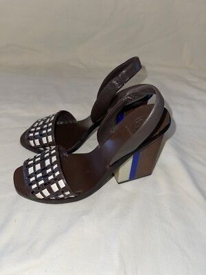 Womens TORY BURCH Emori Leather Open Toe Wooden Block Slingback Sandals 6.5 M