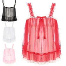 Men's Sissy Lace Camisole Slip Top Underwear Sheer Crossress Teddy Nightwear