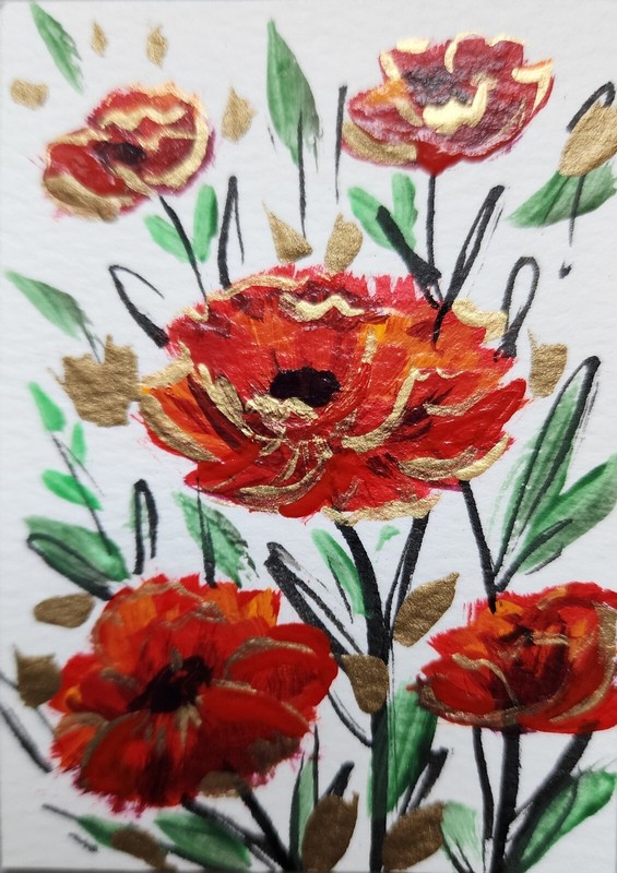 ACEO Original Mixed Media Painting, 2.5×3.5 in., Red Poppies,  ShineGoldenArt