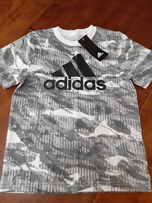 Adidas Boys T Shirt Short Sleeve White Camo Print Adidas Logo