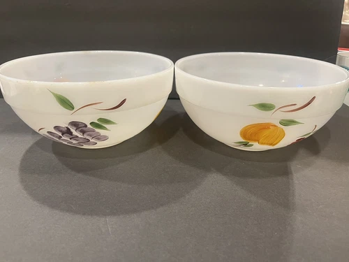 Fire King Fruit Hand Painted Milk Glass Mixing Bowls- Set Of 2- 9”x5”