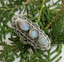 Long Moonstone Ring 925 Sterling Silver Three Stone Ring Wedding Ring Boho Rings