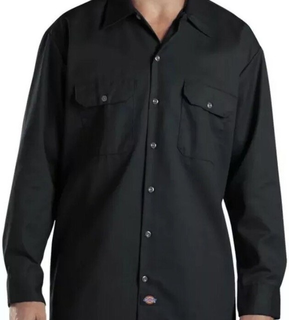 Dickies 574 Men's Black Long Sleeve Button Down Work Shirt L Large Heavy Duty eBay
