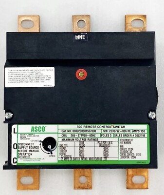 ASCO 9200301507000 920 Remote Control Switch -150 Amps 265-277 Volt Coil New