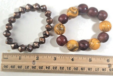 2 Bracelets Brown Yellow Copper Wood Plastic Bead Stretch Elastic Adjustable