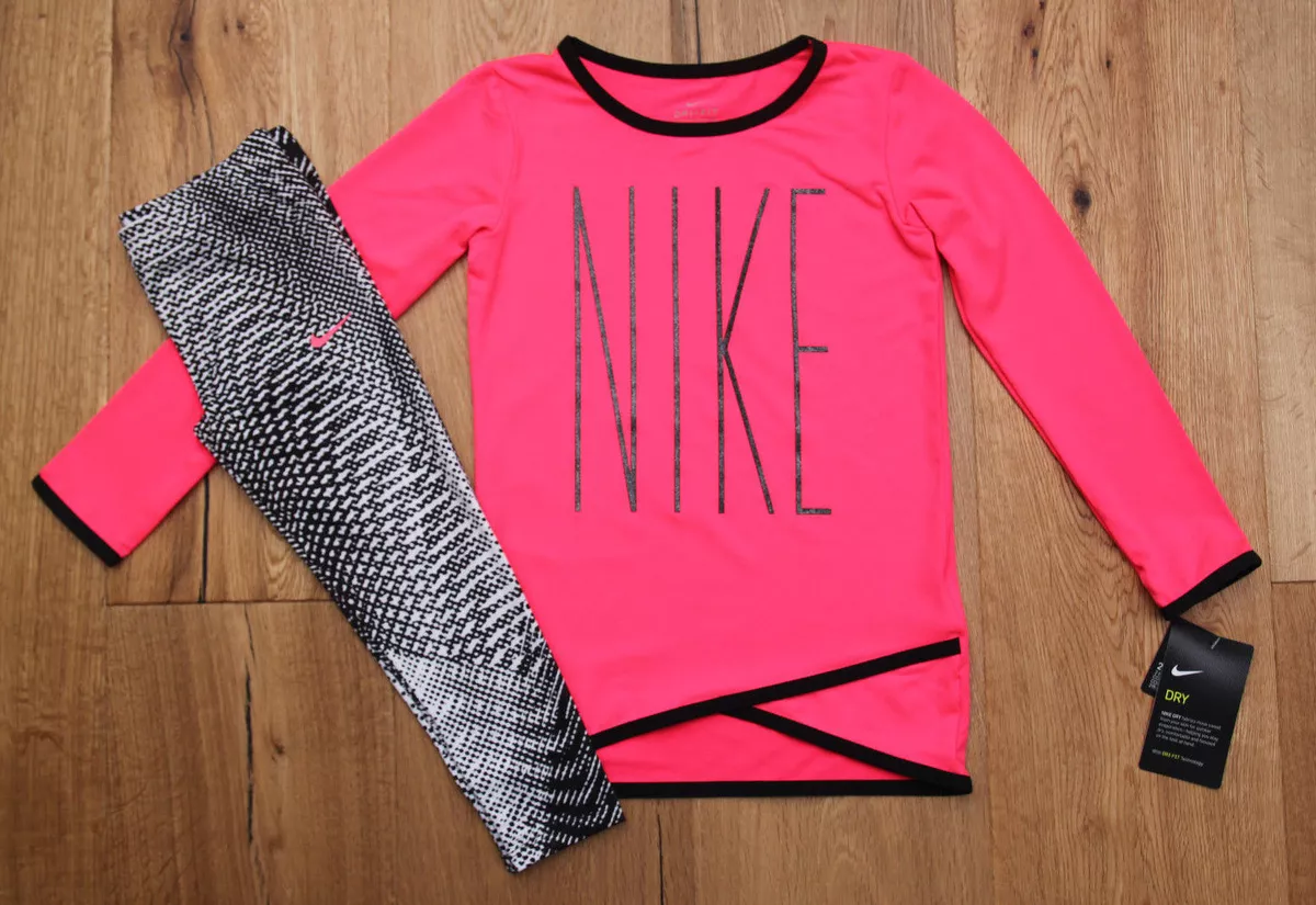 Nike Girl Long Sleeve Shirt and Leggings Set ~ Neon Pink, Black & White ~  Size 4