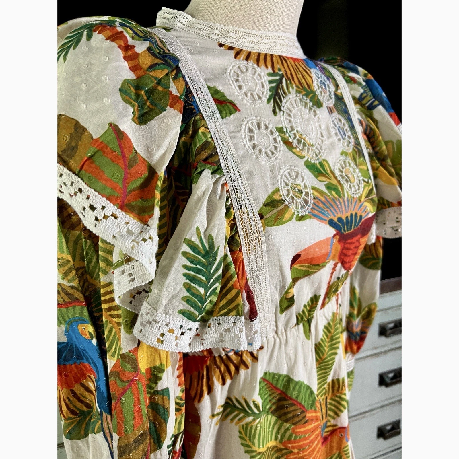 OFF WHITE Mini abito nuovo con etichette Farm Rio Off White Forest Birds stravagante maniche lunghe pizzo XS