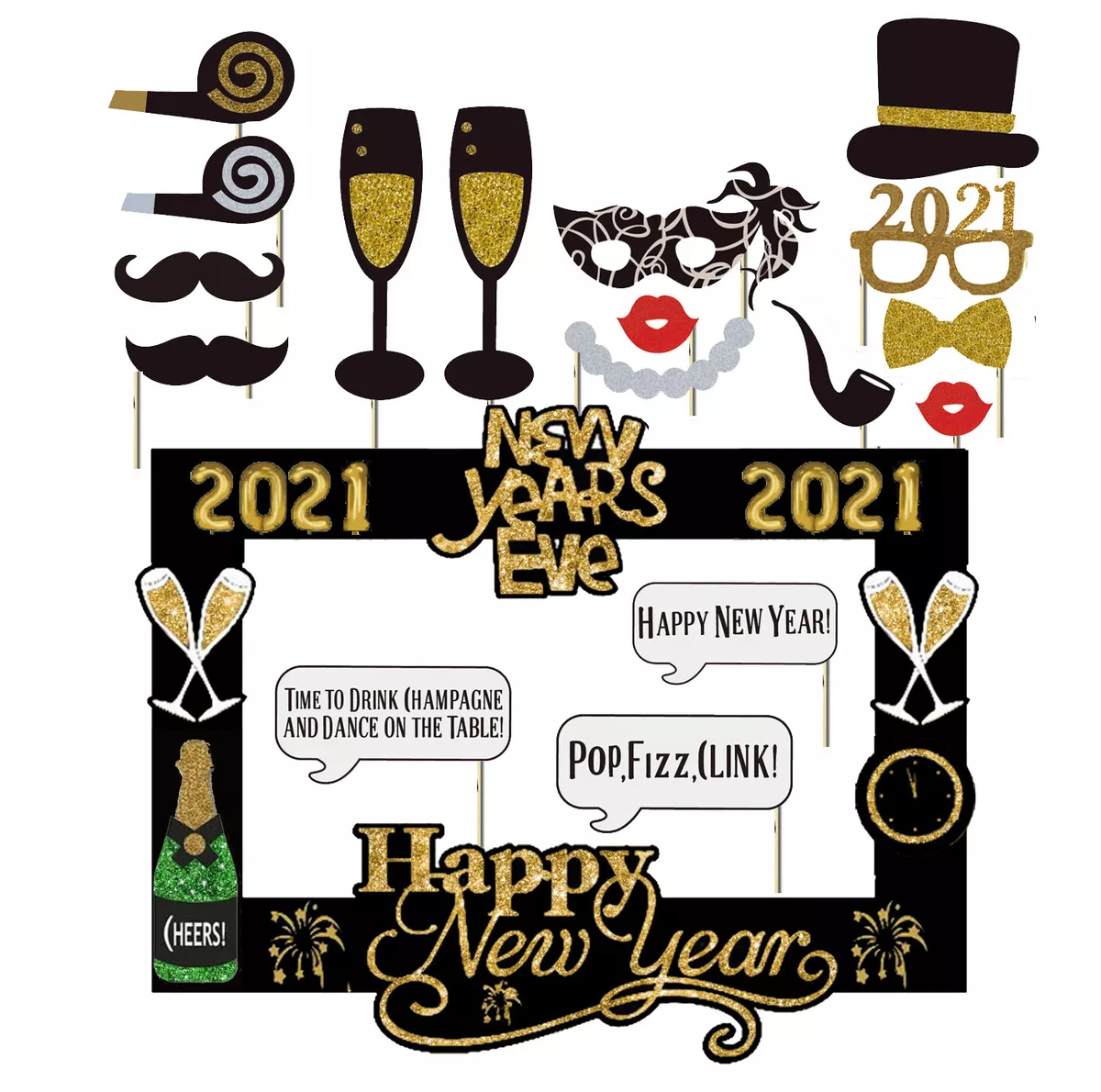 17PCS 2021 Happy New Year s Eve Party Photo Booth Props Decorations with Frame