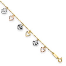 14K Tri-Color Dangle Hearts 9 inch Plus 1 inch Extender - Total 10 inch Anklet