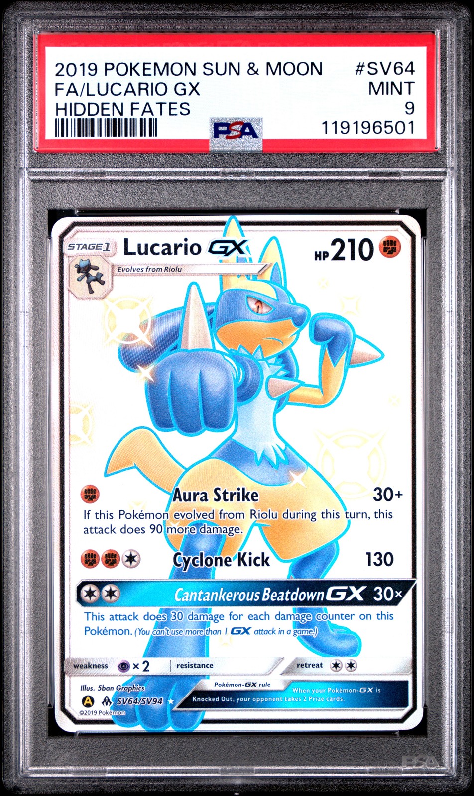 2019 POKEMON SUN & MOON HIDDEN FATES #SV64 FULL ART/LUCARIO GX PSA 9