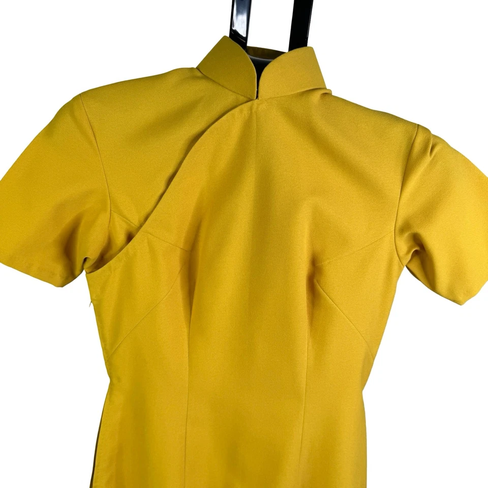Vintage 60s Sunshine Yellow Poly Crepe Cheongsam Dress Mod Minimalist XS - Image 2 of 4