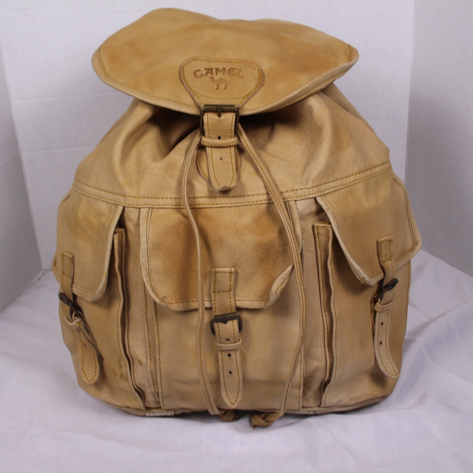 Camel Genuine Leather Drawstring Backpack Tan Kha… - image 1