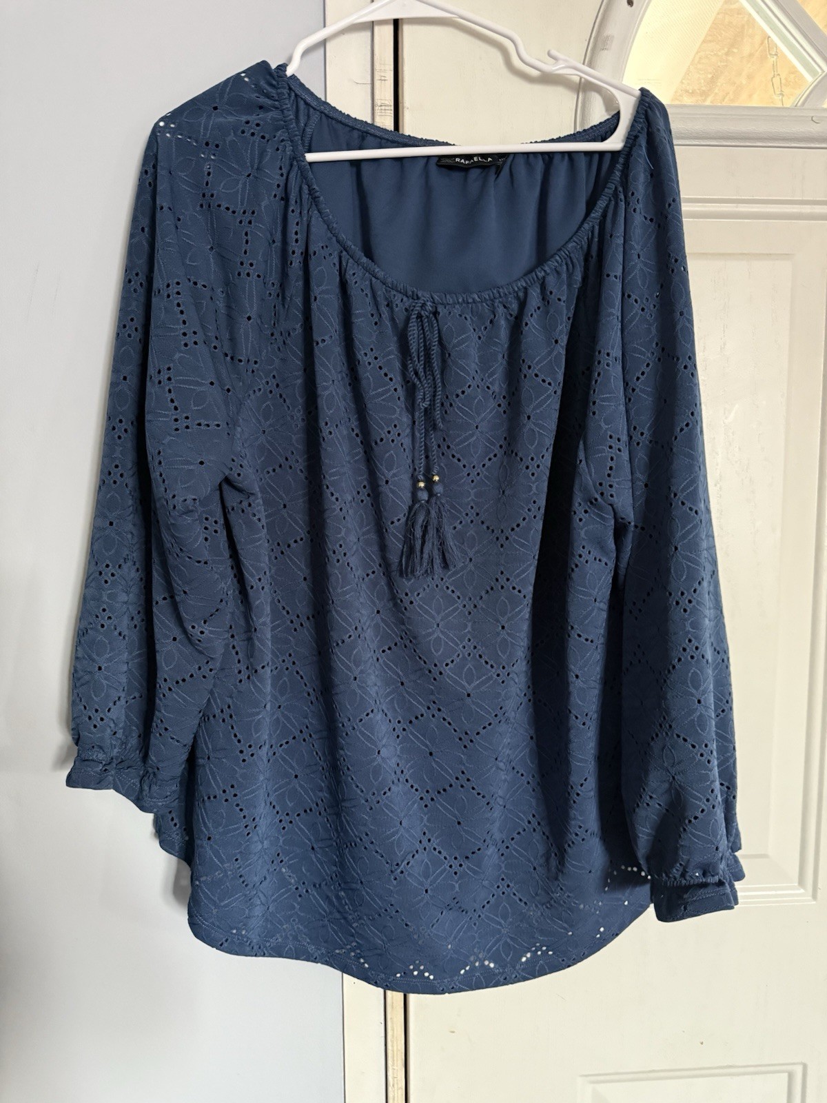 Rafaella Top Womens XXL Blue Eyelet Blouse Elastic Neck 3/4 Sleeve Tie Front