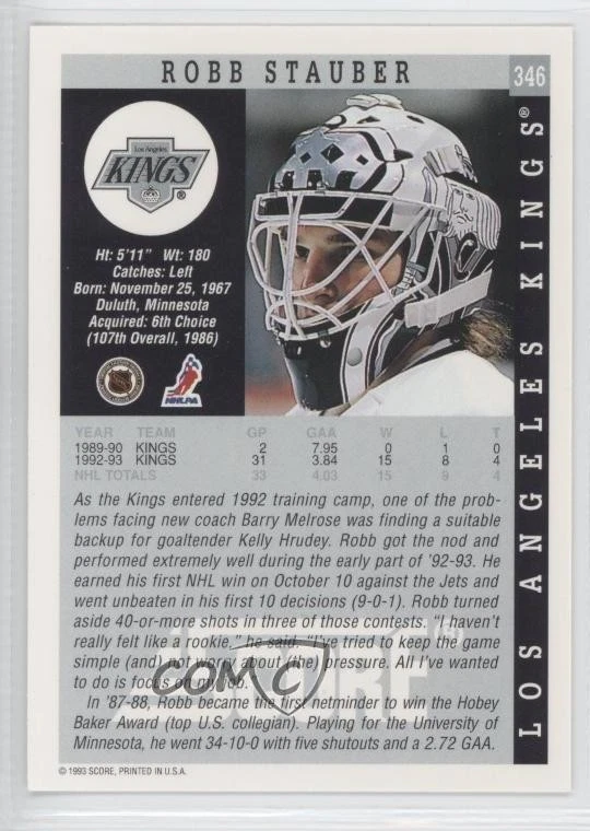 1993-94 Score American Robb Stauber #346 - Image 2 of 2