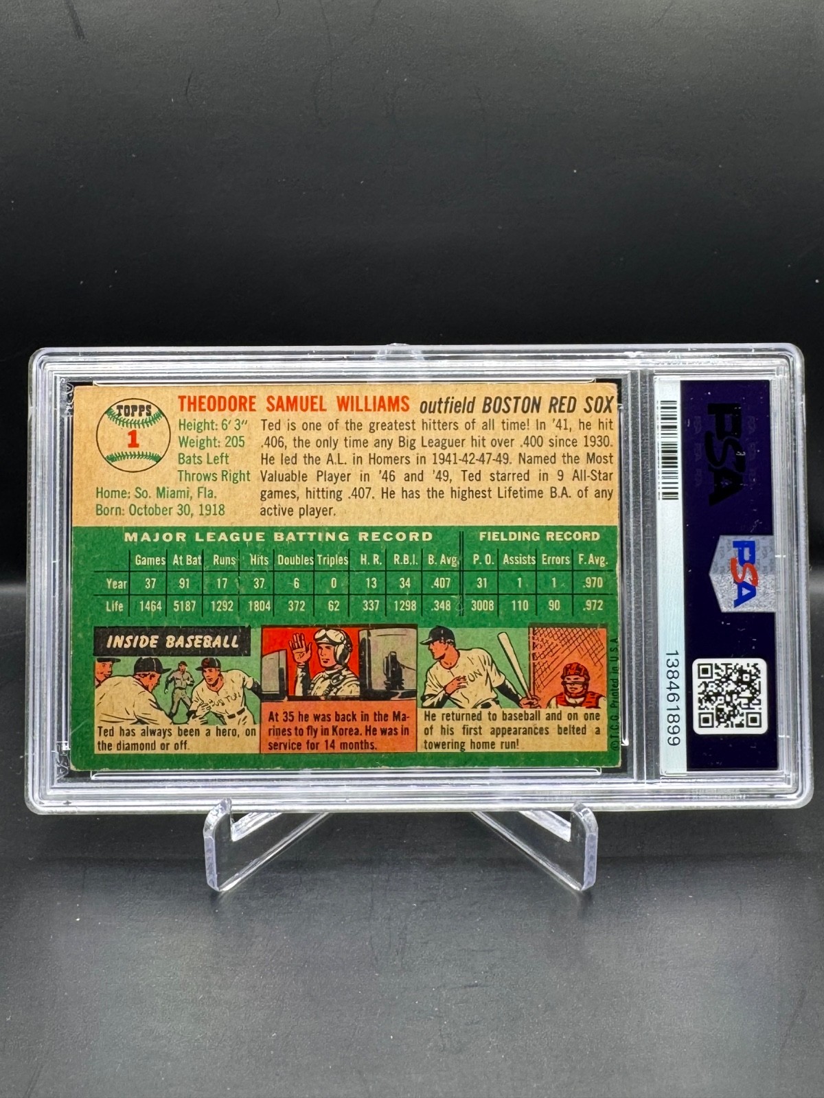 1954 TOPPS!  TED WILLIAMS!  BOSTON RED SOX!  #1  PSA 3!  FRESH GRADE! view 2