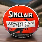 VINTAGE 12” SINCLAIR DINO MOTOR OIL PORCELAIN GAS PUMP DOMED METAL SIGN