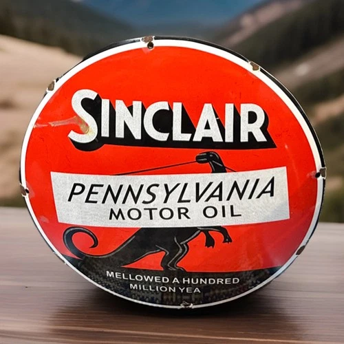 VINTAGE 12” SINCLAIR DINO MOTOR OIL PORCELAIN GAS PUMP DOMED METAL SIGN